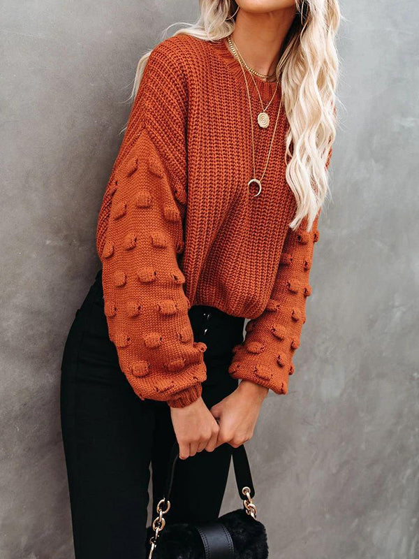 Hollow Solid Color Long Sleeves Loose Round-Neck Sweater Tops Pullovers Knitwear