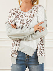 Asymmetric Contrast Color Leopard Split-Joint High-Low Long Sleeves Round-Neck Sweatshirt Tops