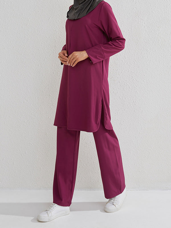 Round-Neck Long Sleeves Pockets Solid Color Split-Side Shirts Top + Pants Bottom Two Pieces Set