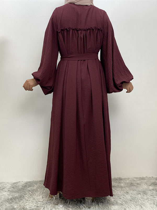 Elasticity Muslim Pleated Solid Color Split-Joint Tied Waist Bishop Sleeve Long Sleeves Round-Neck Maxi Dresses