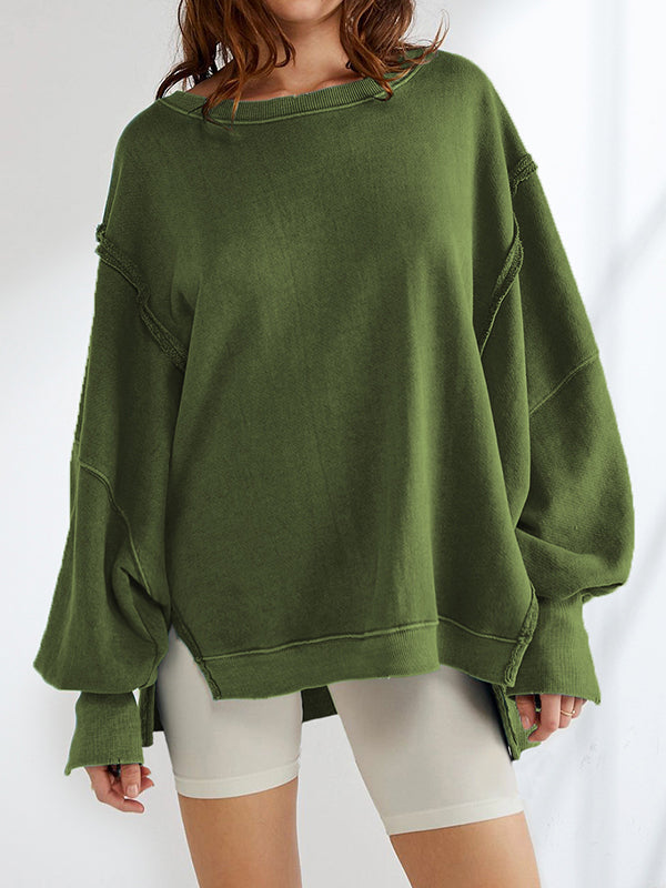 Fringed Solid Color Split-Joint Split-Side Long Sleeves Loose Round-Neck Sweatershirt