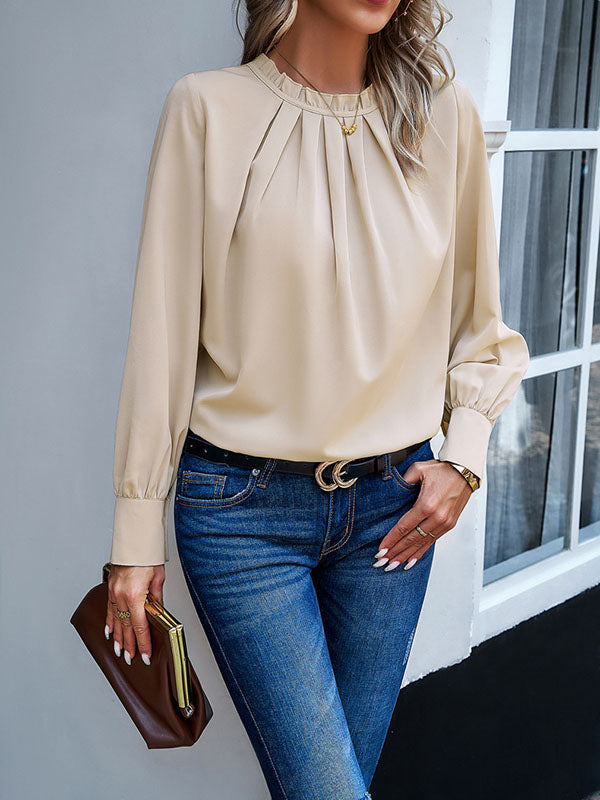 Pleated Solid Color Split-Joint Loose Puff Sleeves Stand Collar Blouses
