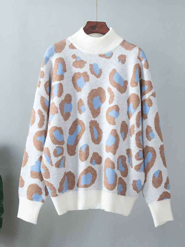 Leopard Long Sleeves Loose Mock Neck Sweater Tops Pullovers
