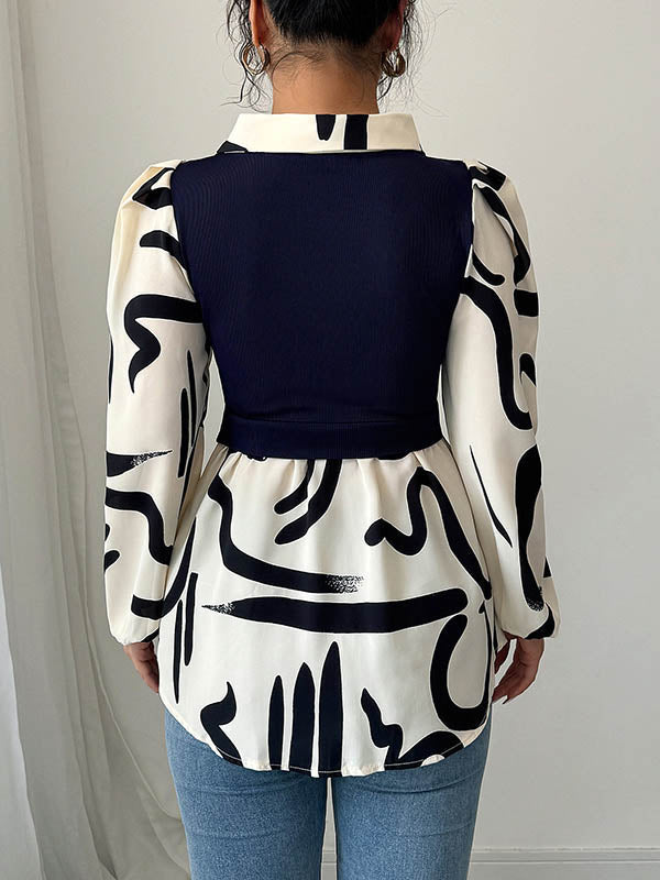 Buttoned Contrast Color Pleated Split-Joint Long Sleeves Loose Lapel Blouses&Shirts Tops