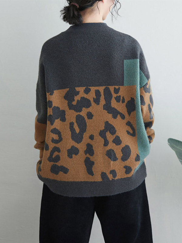 Original Contrast Color Leopard Round-Neck Long Sleeves Sweater Top