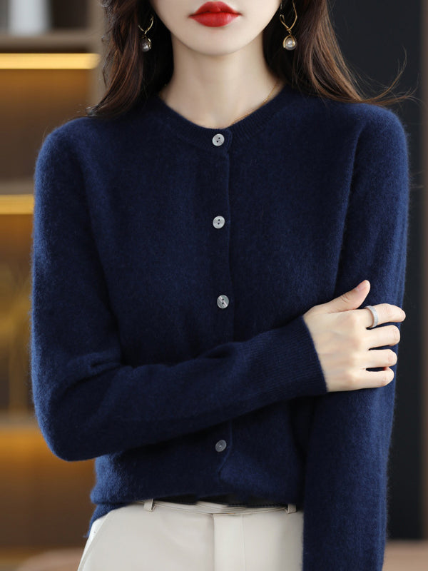 Buttoned Elasticity Long Sleeves Round-Neck Knitwear Cardigan Tops