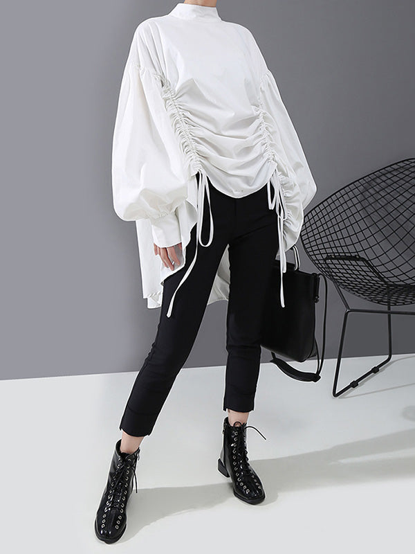 Drawstring Cropped Loose Stand Collar Shirt