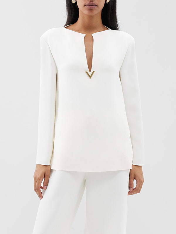 Wrap Pockets Solid Color Round-Neck Shirts Tops&Pants Two Pieces Set