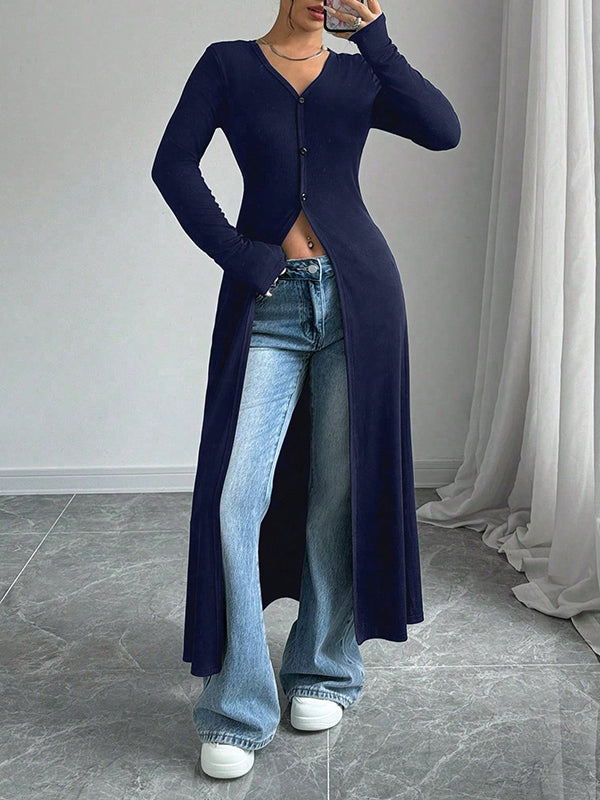 Buttoned Solid Color Split-Front Long Sleeves Skinny V-Neck T-Shirts