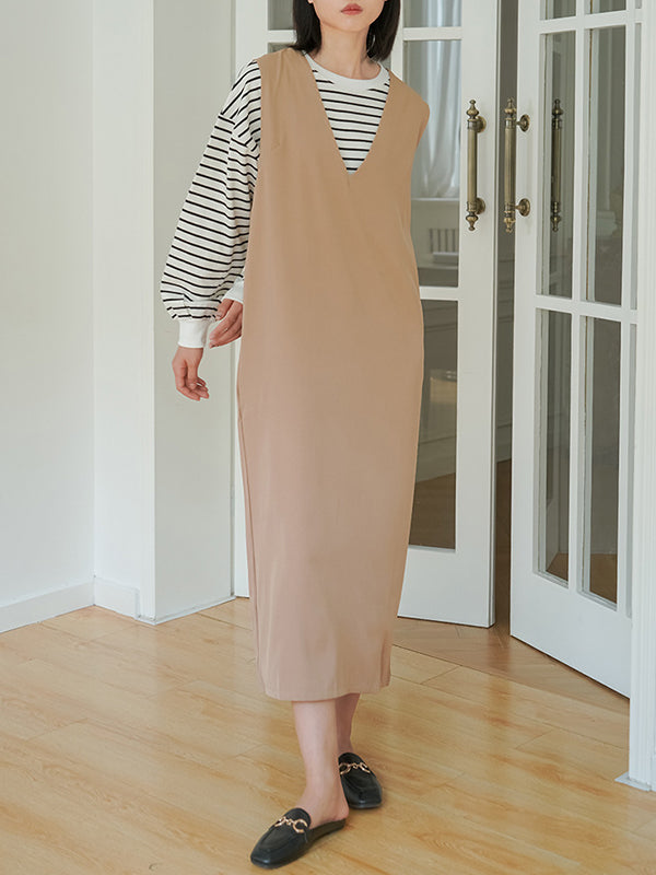 Casual A-Line Sleeveless Solid Color V-Neck Midi Dresses
