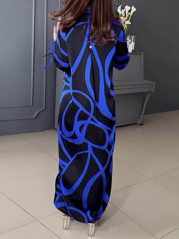 Contrast Color A-line Long Sleeves V-neck Shirt Dress Maxi Dresses