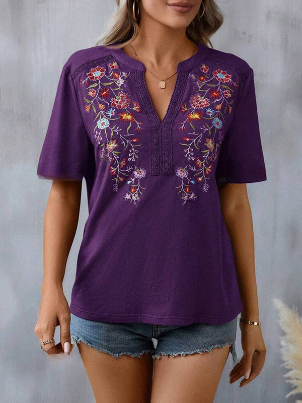 Embroidered Split-Joint Half Sleeves Loose V-Neck T-Shirts Tops