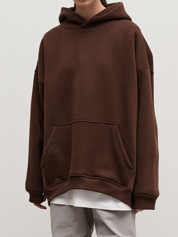 Pockets Solid Color Velvet Long Sleeves Loose Hooded Hoodies Tops