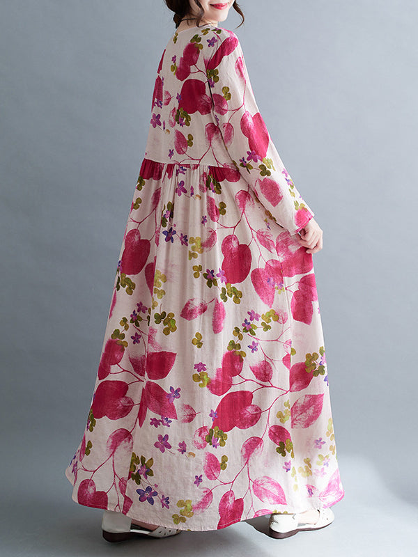 Flower Print Split-Joint Long Sleeves Loose Round-Neck Midi Dresses