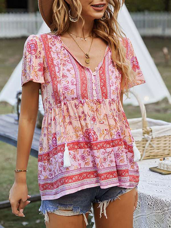 Buttoned Flower Print Split-Joint Tasseled Tied Loose Short Sleeves V-Neck T-Shirts Tops