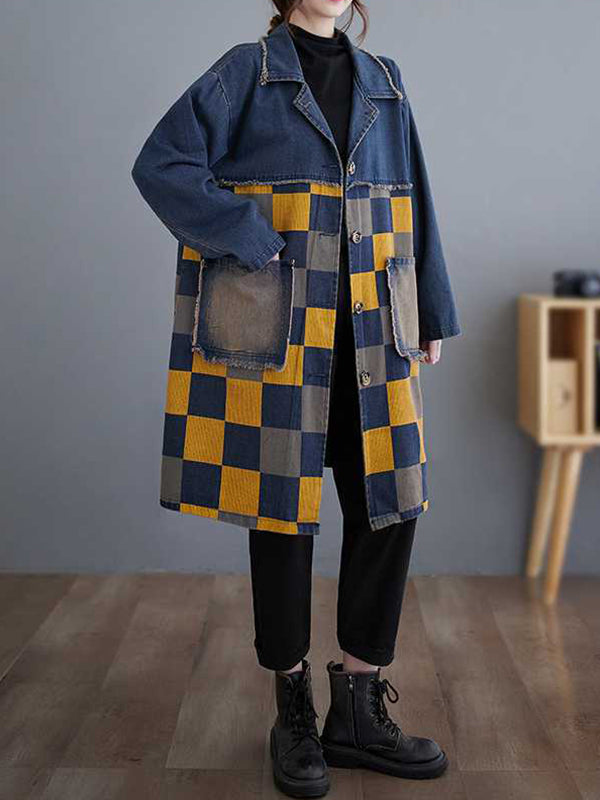 Buttoned Fringed Plaid Pockets Split-Joint Long Sleeves Loose Notched Collar Denim Outerwear