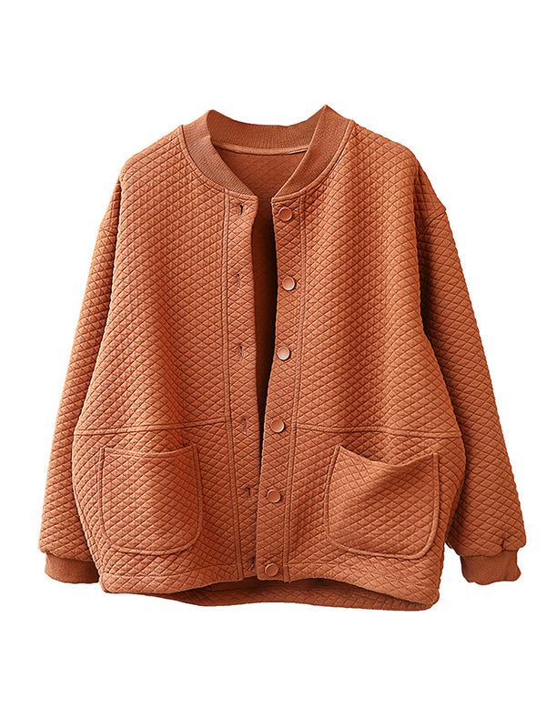 Artistic Retro Loose Long Sleeves Buttoned Solid Color Stand Collar Outerwear