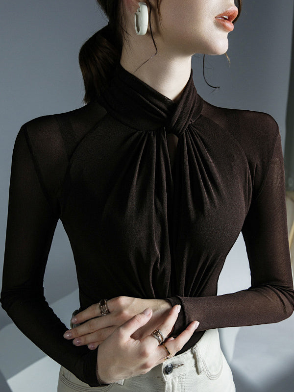Hollow Mesh Pleated See-Through Solid Color Twist Long Sleeves Plus Size Half Turtleneck Blouses&Shirts Tops