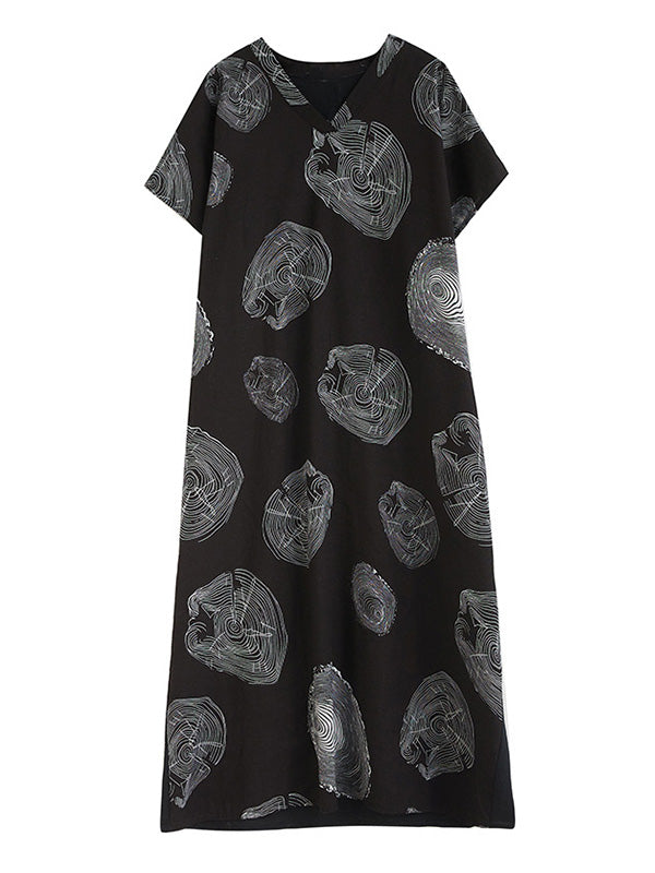 Casual Short Sleeves Loose Contrast Color Printed V-Neck Maxi Dresses