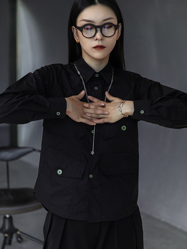 Simple Black Lapel Pockets Blouse