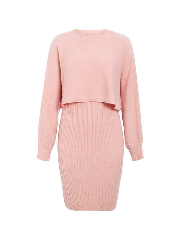 Round-Neck Long Sleeves Solid Color Sweater Top + Inner Dress Two Pieces Set
