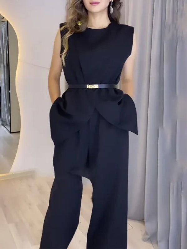 Loose Sleeveless Split-Front Split-Joint Round-Neck Vest Top