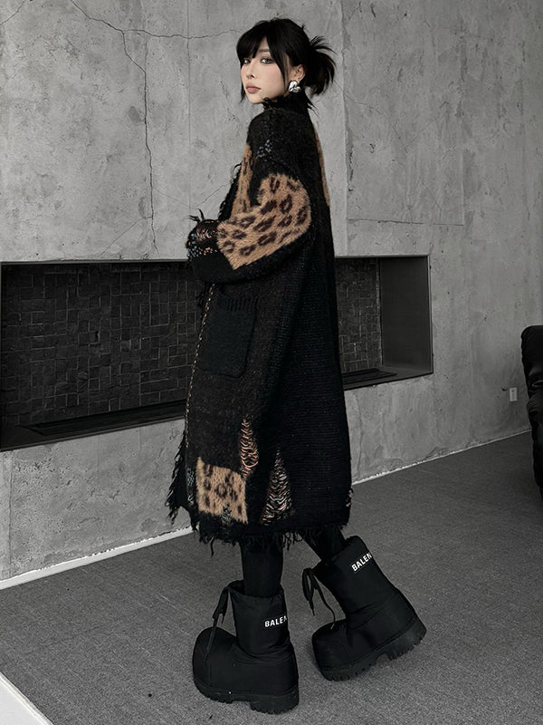 Asymmetric Buttoned Contrast Color Leopard Pockets Split-Joint Hipster Long Sleeves V-Neck Cardigan Tops