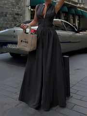 High Waisted Loose Pockets Solid Color Zipper V-Neck Jumpsuits