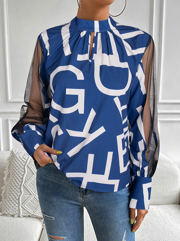 Hollow Letter Print Mesh See-Through Long Sleeves Round-neck Shirts Tops Blouses&shirts Tops