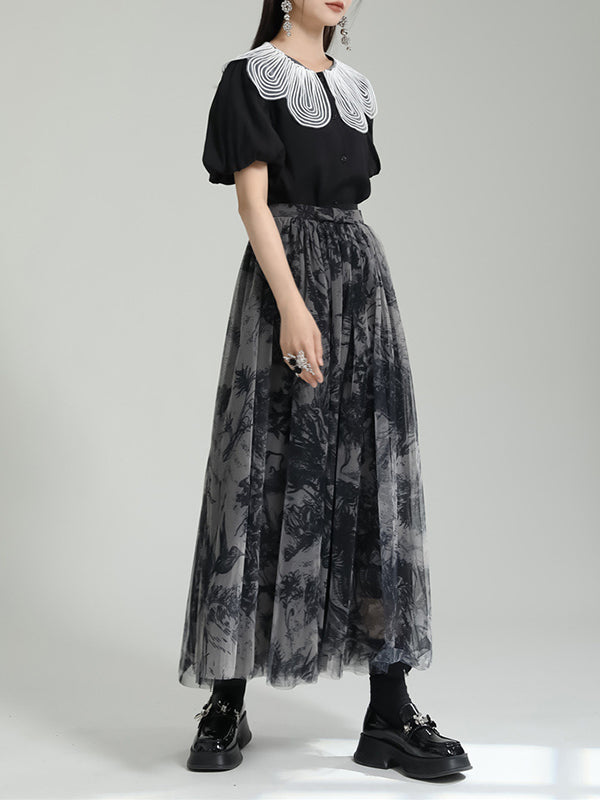Gauze Pleated Printed Split-Joint A-Line Loose Skirts