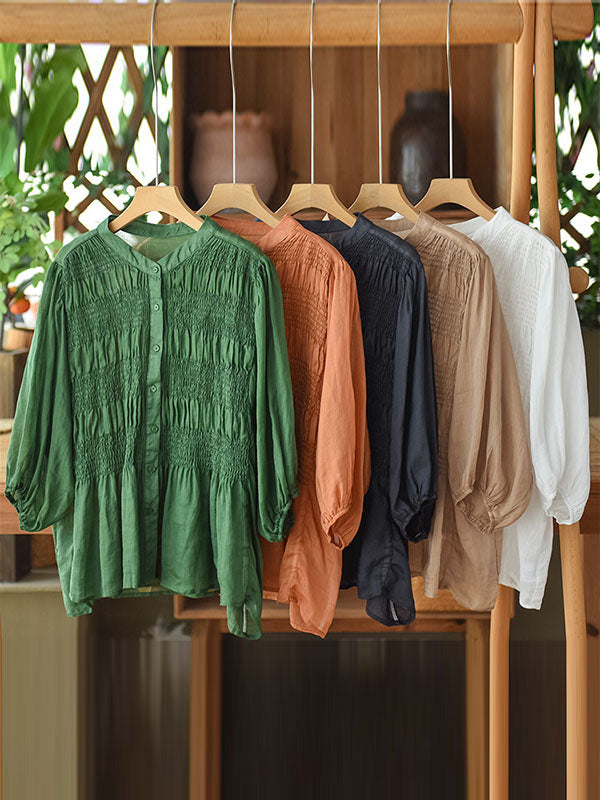 Pleated Solid Color Split-Joint Loose Three-Quarter Sleeves Stand Collar Blouses&Shirts Tops