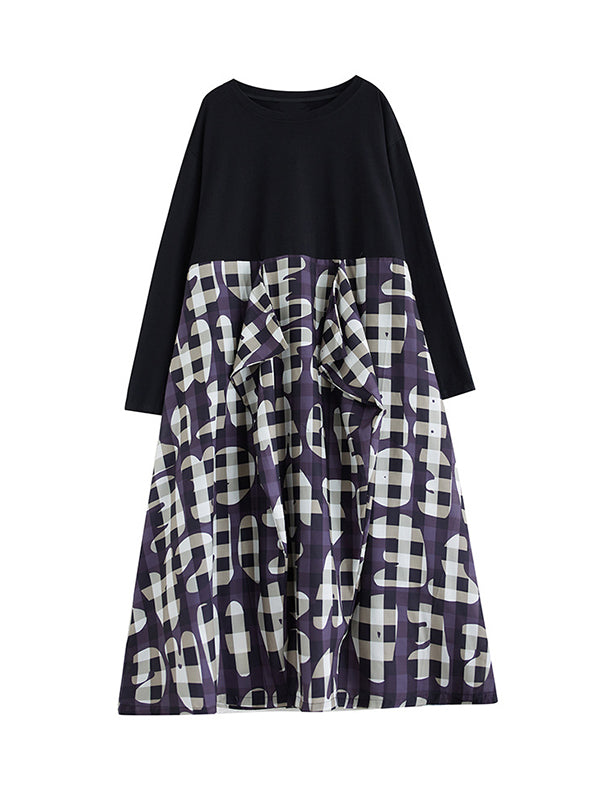 Printed Ruffled Split-Joint A-Line Long Sleeves Round-Neck Midi Dresses