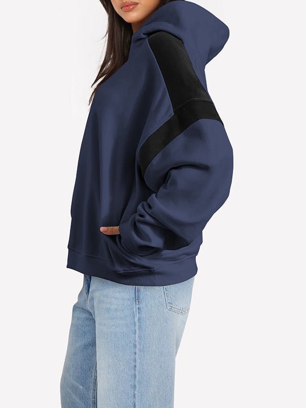 Contrast Color Pockets Split-Joint Hooded Long Sleeves Hoodies Tops