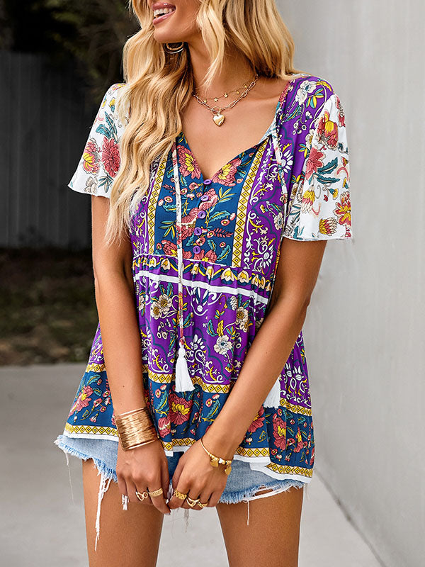 Buttoned Flower Print Split-Joint Tasseled Tied Loose Short Sleeves V-Neck T-Shirts Tops