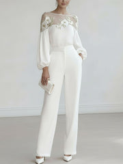 Loose Puff Sleeves Applique Flower Shape Mesh Split-Joint Round-Neck Blouses&Shirts Tops