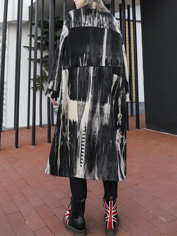 Drawstring Split-Joint Zipper Long Sleeves Loose Round-Neck Trench Coats