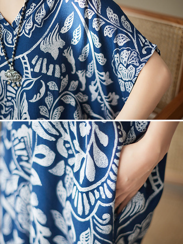 Floral Printed Loose Short Sleeves V-neck Maxi Dresses