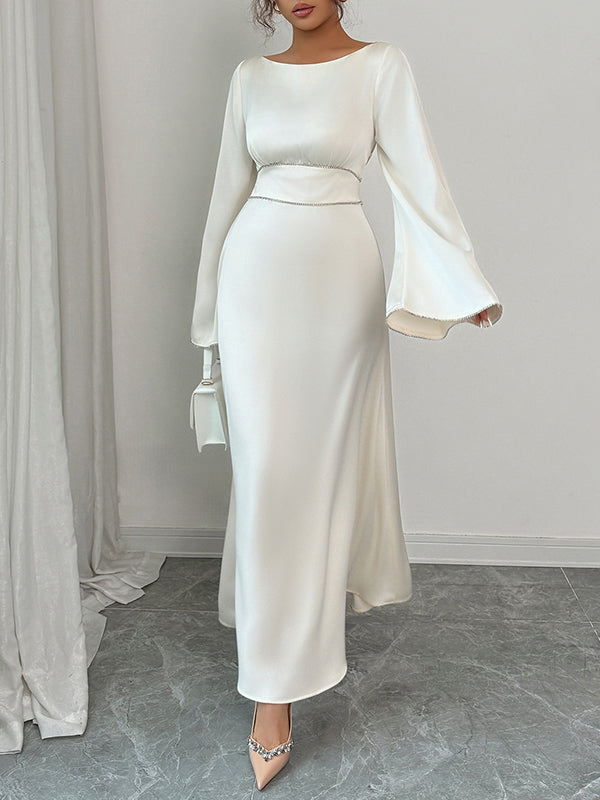 Solid Color Tied Zipper A-Line Flared Sleeves Round-Neck Maxi Dresses