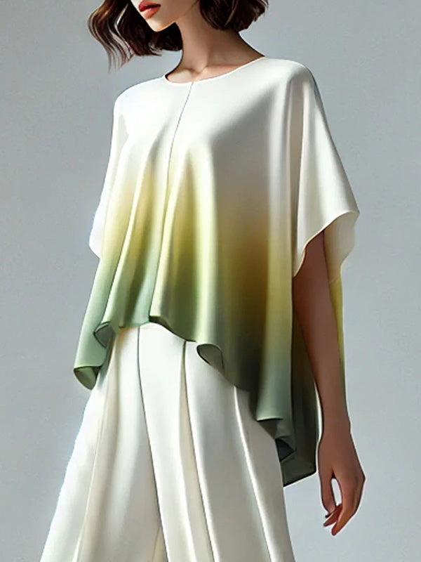 Gradient Split-Joint Batwing Sleeves Loose Round-Neck T-Shirts
