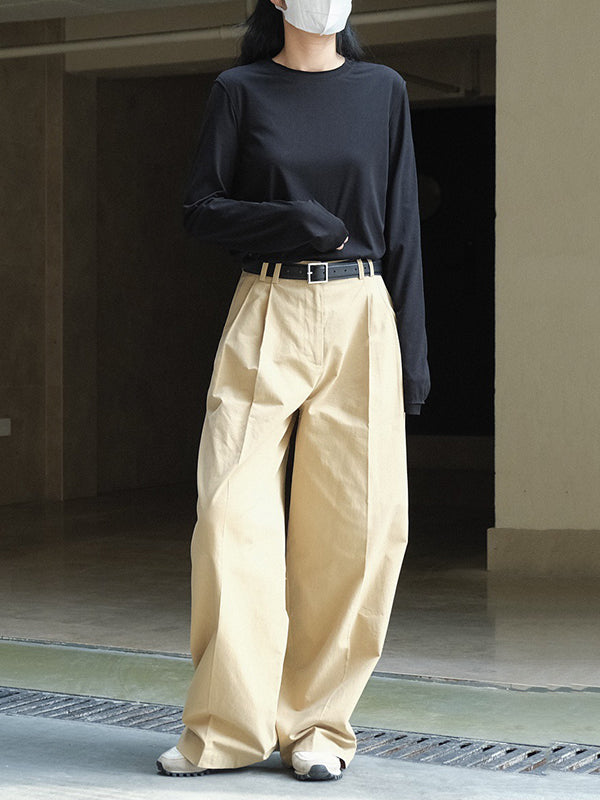 Simple Loose Long Sleeves Solid Color Round-Neck T-Shirts Tops