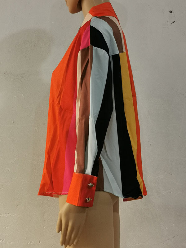 Contrast Color Printed Long Sleeves Loose Lapel Blouses