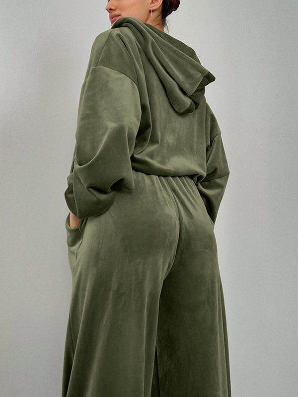 Hooded Velvet Zipper Long Sleeves Solid Color Sweatshirt Top + Drawstring Elasticity Pockets Pants Bottom Two Pieces Set