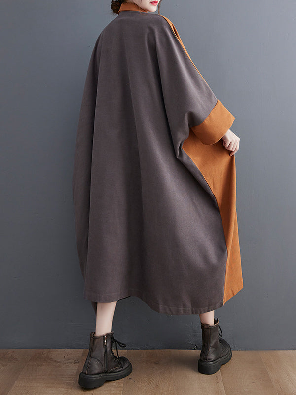 Original Creation Loose Long Sleeves Buttoned Contrast Color Lapel Collar Midi Dresses
