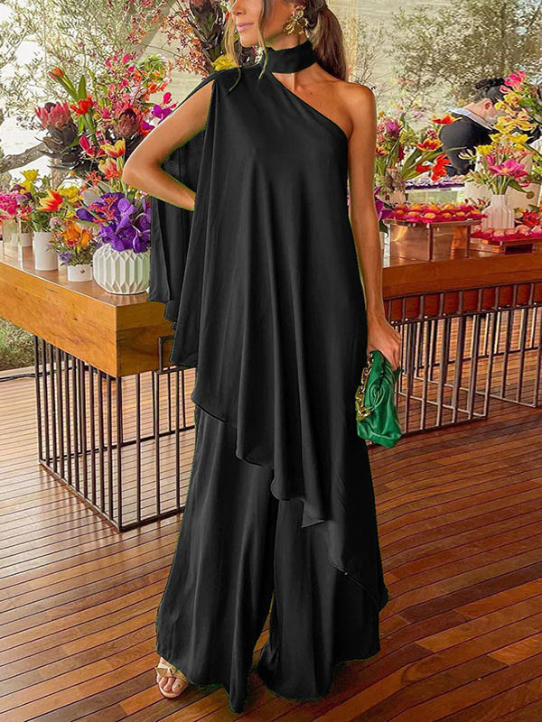 Simple High-Low Wide Leg Asymmetric High-Neck Two Pieces Set