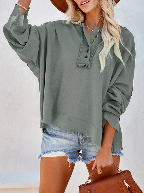 Buttoned Split-Joint Velvet Hooded Long Sleeves Sweatshirt Tops