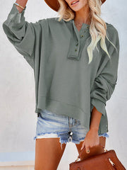 Buttoned Split-Joint Velvet Hooded Long Sleeves Sweatshirt Tops