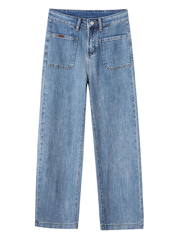 Casual High Waisted Wide Leg Solid Color Jean Pants Bottoms