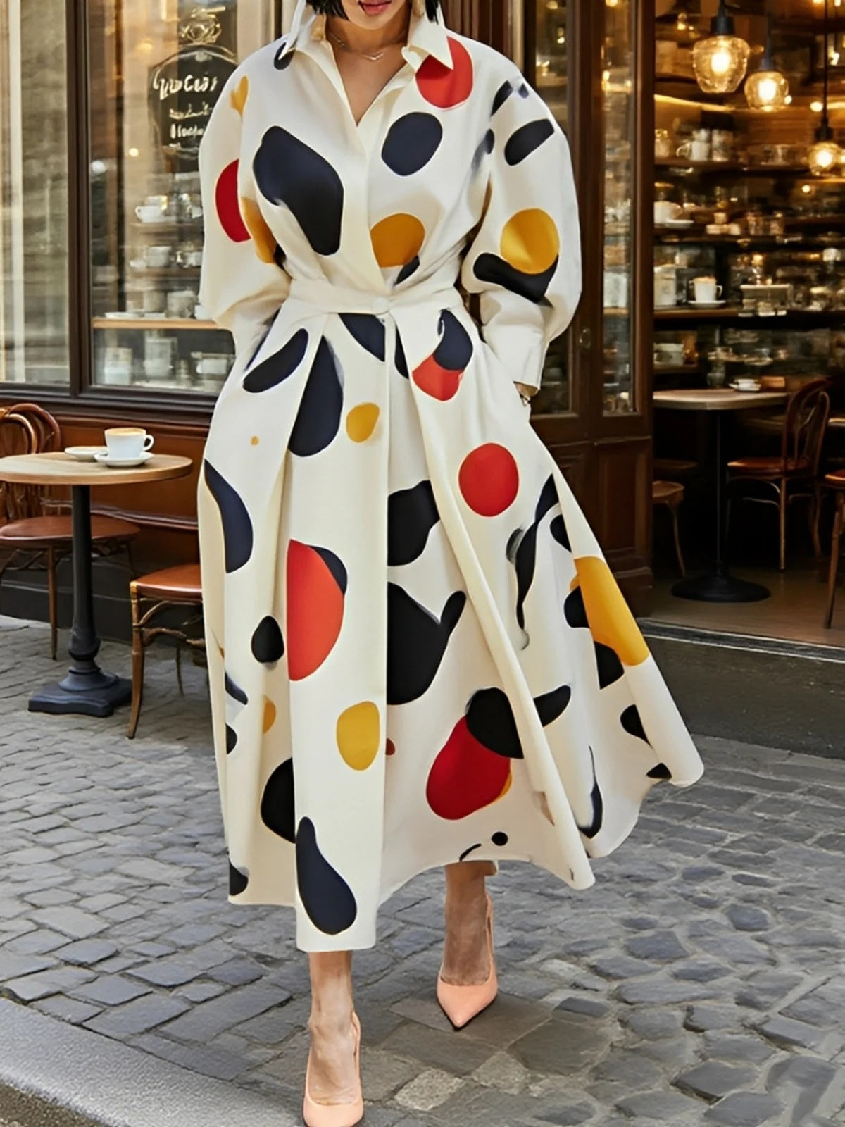 Contrast Color Pockets Long Sleeves Loose Lapel Shirt Dress Maxi Dresses