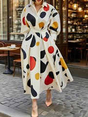 Contrast Color Pockets Long Sleeves Loose Lapel Shirt Dress Maxi Dresses