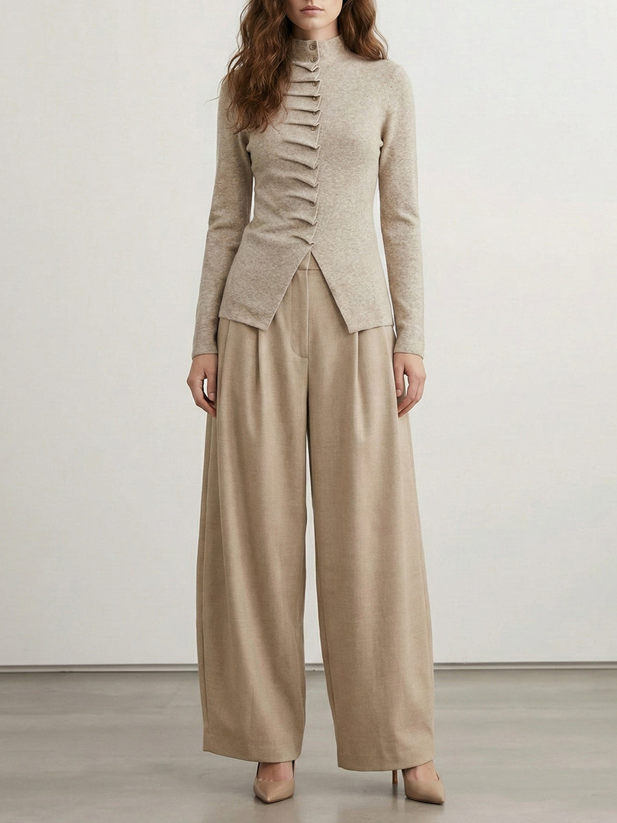 Long Sleeves Pleated Solid Color High Neck Pullovers